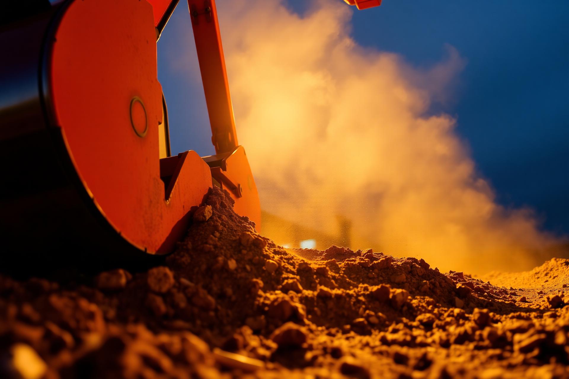 Red excavator working at sunset